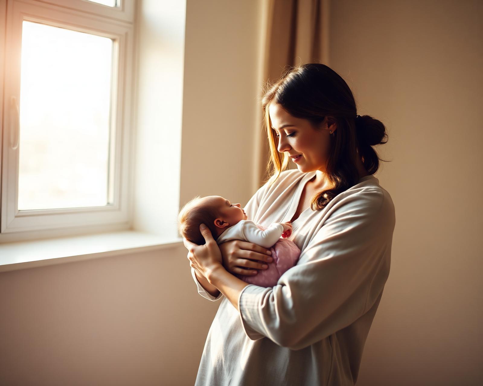 Mother holding her newborn in soft window light